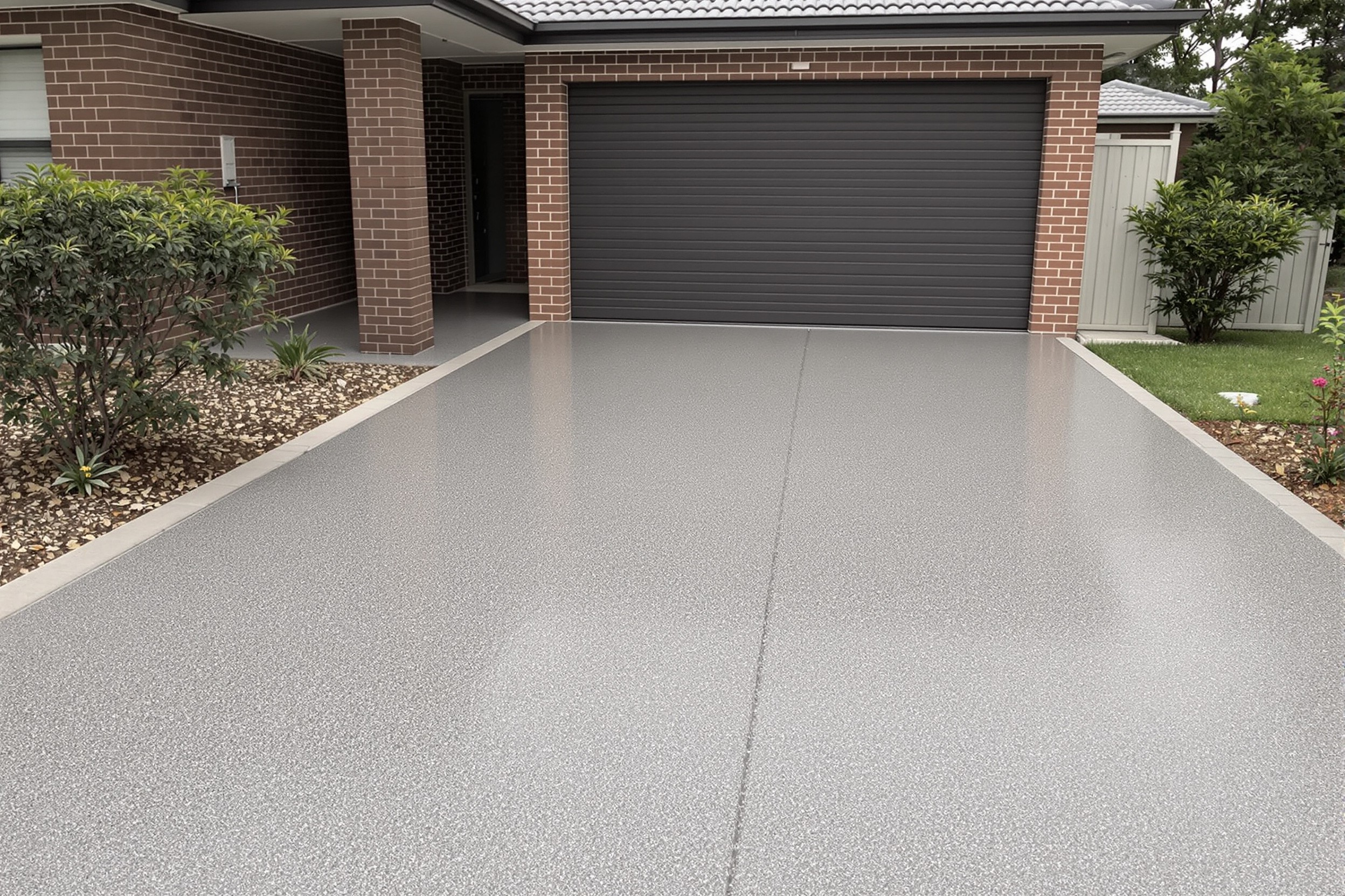 Concrete driveway with control joints in front of a garage