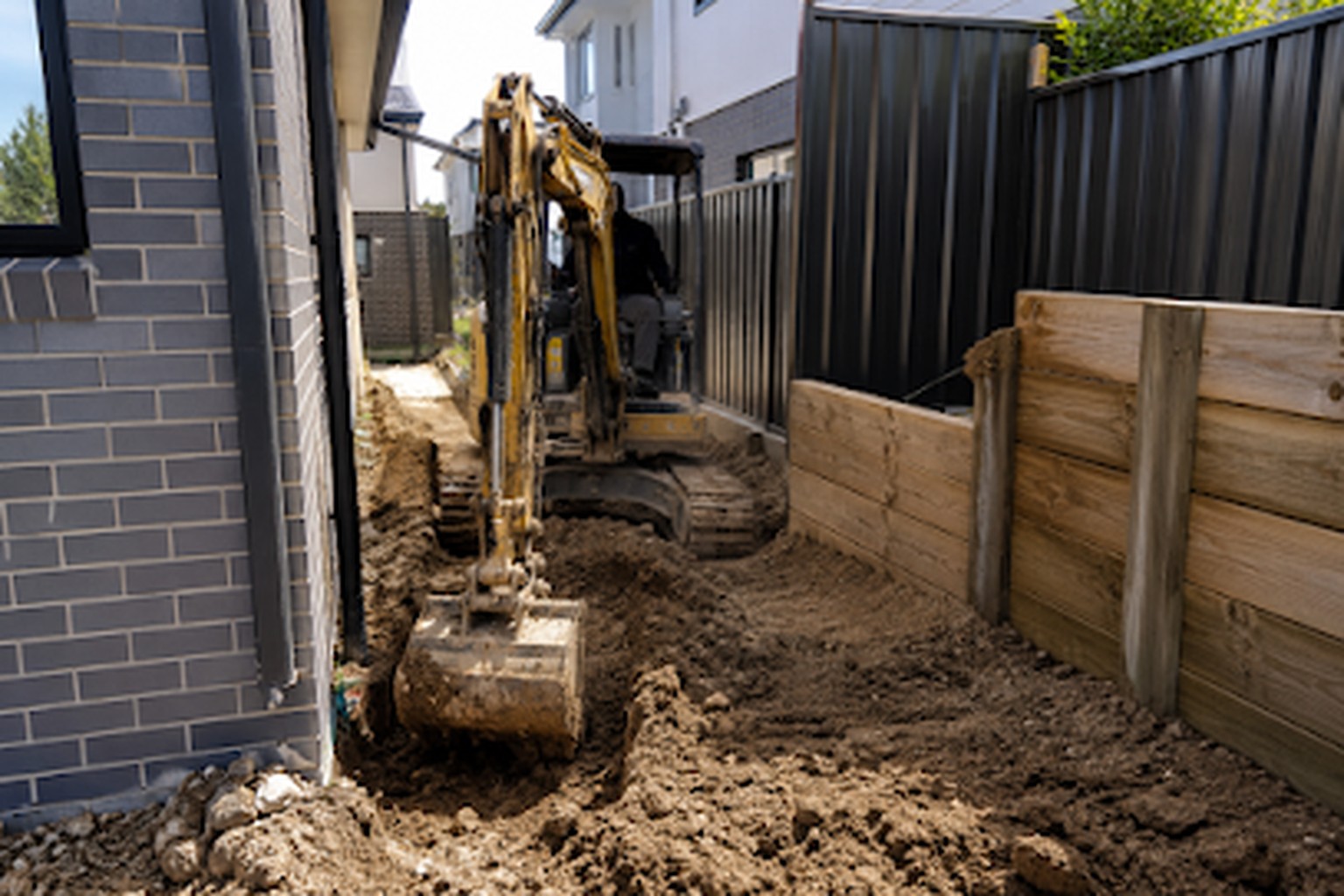 Mini excavator preparing a residential site