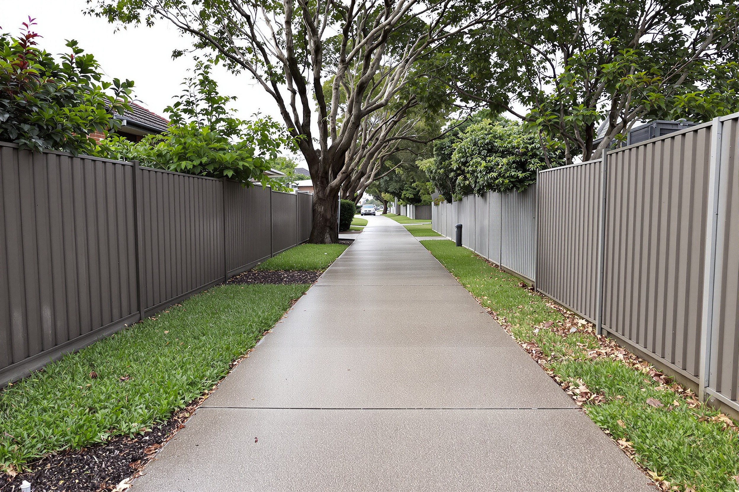 Suburban concrete footpath lined with trees